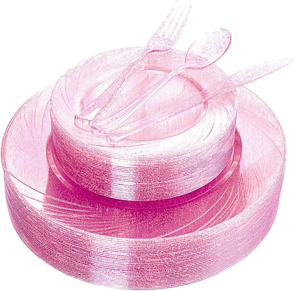 WDF Rose Gold Pink Plastic Plates with Pink Plastic Silverware include 40 Dinner Salad Plates 40Forks 40 Knives 40 Spoons for WeddingParty