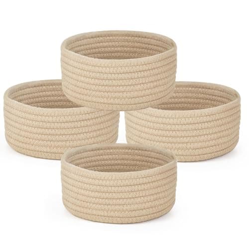 Dahey 4 Pcs Small Woven Baskets Set Mini Cotton Rope Storage Bins for Organizing Cute Tiny Round Decorative Baskets for Gifts Living Room Bathroom Home Decor 709 W x 315 H Beige