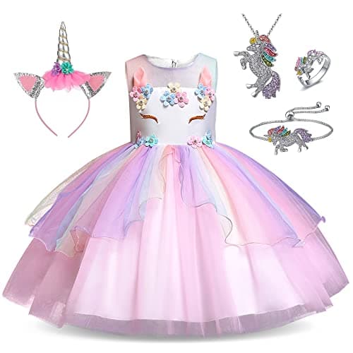 Unicorn Princess Dress Up Clothes for Little Girls – Costume, Jewelry and Headband (5-6 Years, Unicorn Princess 1)