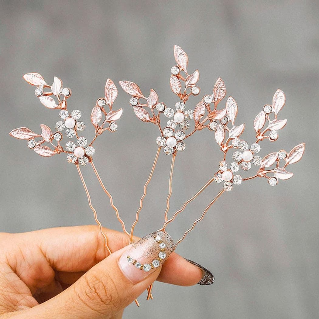Heread Leaf Bride Wedding Hair Pins Crystal Bridal Head Dress Pearl Hair Accessories for Women and Girls Pack of 3 A Rose Gold