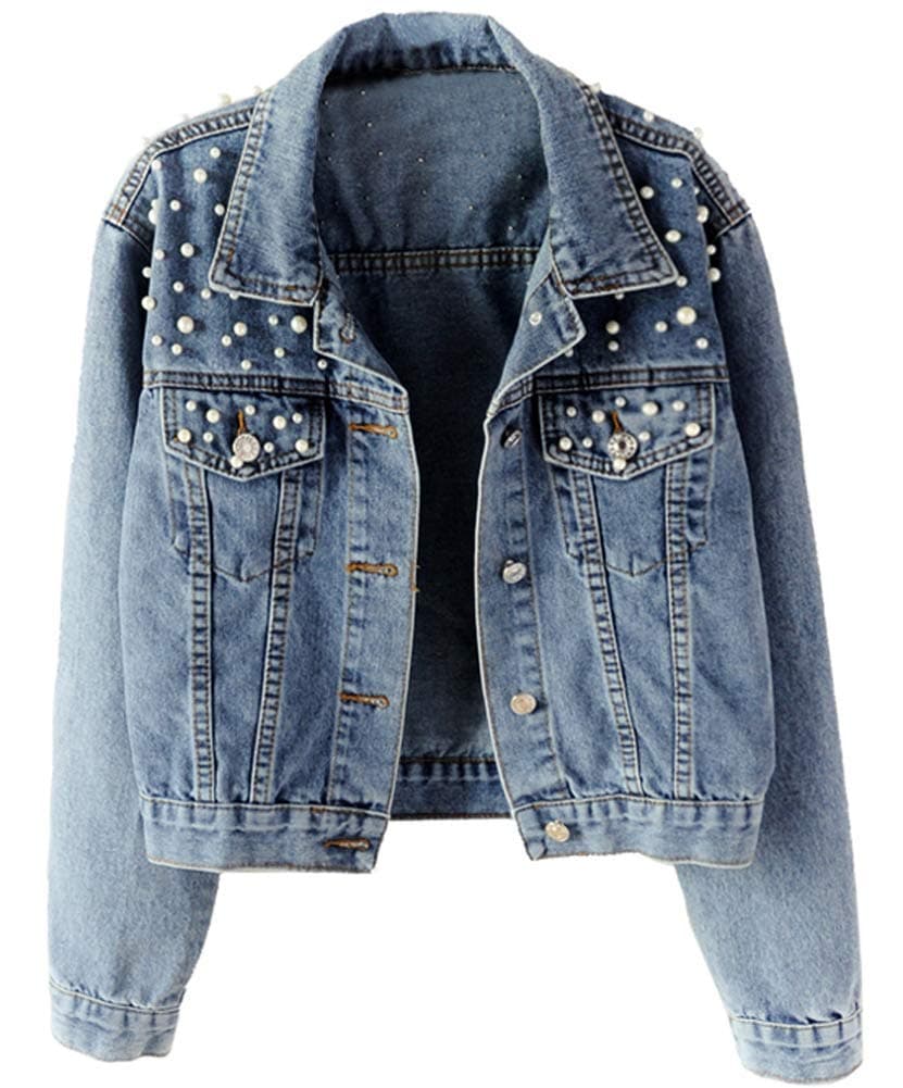 Kedera Women Oversized Denim Jacket Embroidered Pearls Beading Jeans Coat (Blue, X-Large)