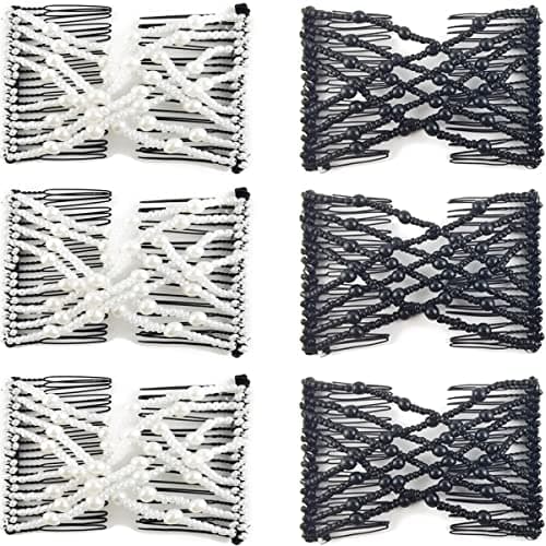 NSBELL 6PCS Beads Hair Combs Magic Elastic Hair Clips Stretchy Hair Comb Double Clips for Women Girls Hair Accessory