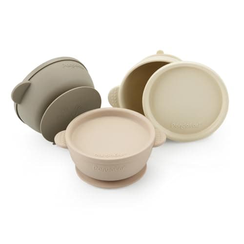 PandaEar 3 Pack Baby Bowls with Suction| Leak-Proof Stay Put Silicone Food Bowl with Lids for Babies Kids Toddlers Infants| Food Grade Soft Safe BPA-Free Silicone (Linen Brown Tan)