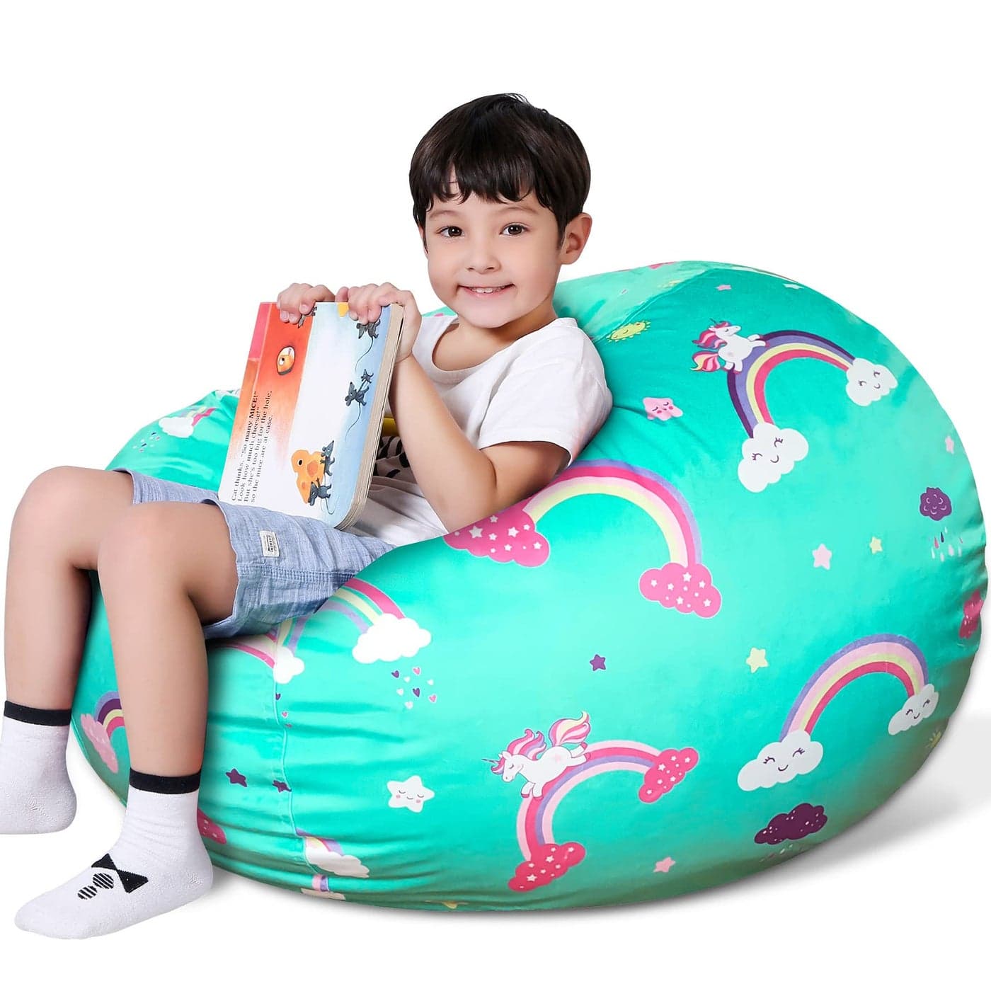 Lukeight Unicorns Stuffed Animal Storage Bean Bag Chair Cover Premium Velvet Organizer with YKK Zipper Holds 60 Plush Toys Washable Kids Room Decor No Filling Large