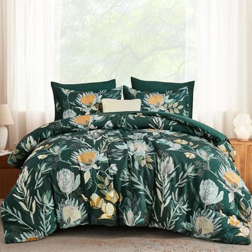 Luxudecor Queen Comforter Set 7 Pieces Bedding Sets, Dark Green Floral Comforter and Sheet Set, Soft Microfiber Bed in a Bag for All Seasons (Dark Green,90"x90")