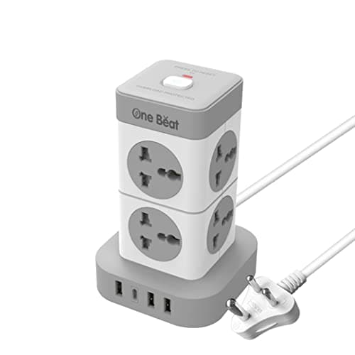 One Beat Mini Tower Extension Boards with USB Port with Universal Sockets and Charging Ports with Indicatori Plug Socket (8 Socket + 3 + 1 Type C), 250 Volts, White