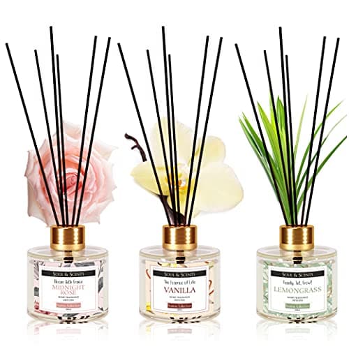 Soul & Scents Glass Midnight Rose, Vanilla and Lemongrass Reed Diffuser Set - 120ml with Free 6 Fiber Reed Sticks Each| Toxin Free & Stress Relief| Room Freshener for Home, & Office| Combo Pack of 3