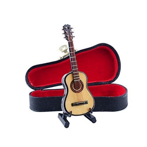 Dselvgvu Wooden Miniature Guitar with Stand and Case Mini Musical Instrument Guitar Replica Collectible Figurines Dollhouse Accessories Model Home Decoration Display Ornament 394x142x059