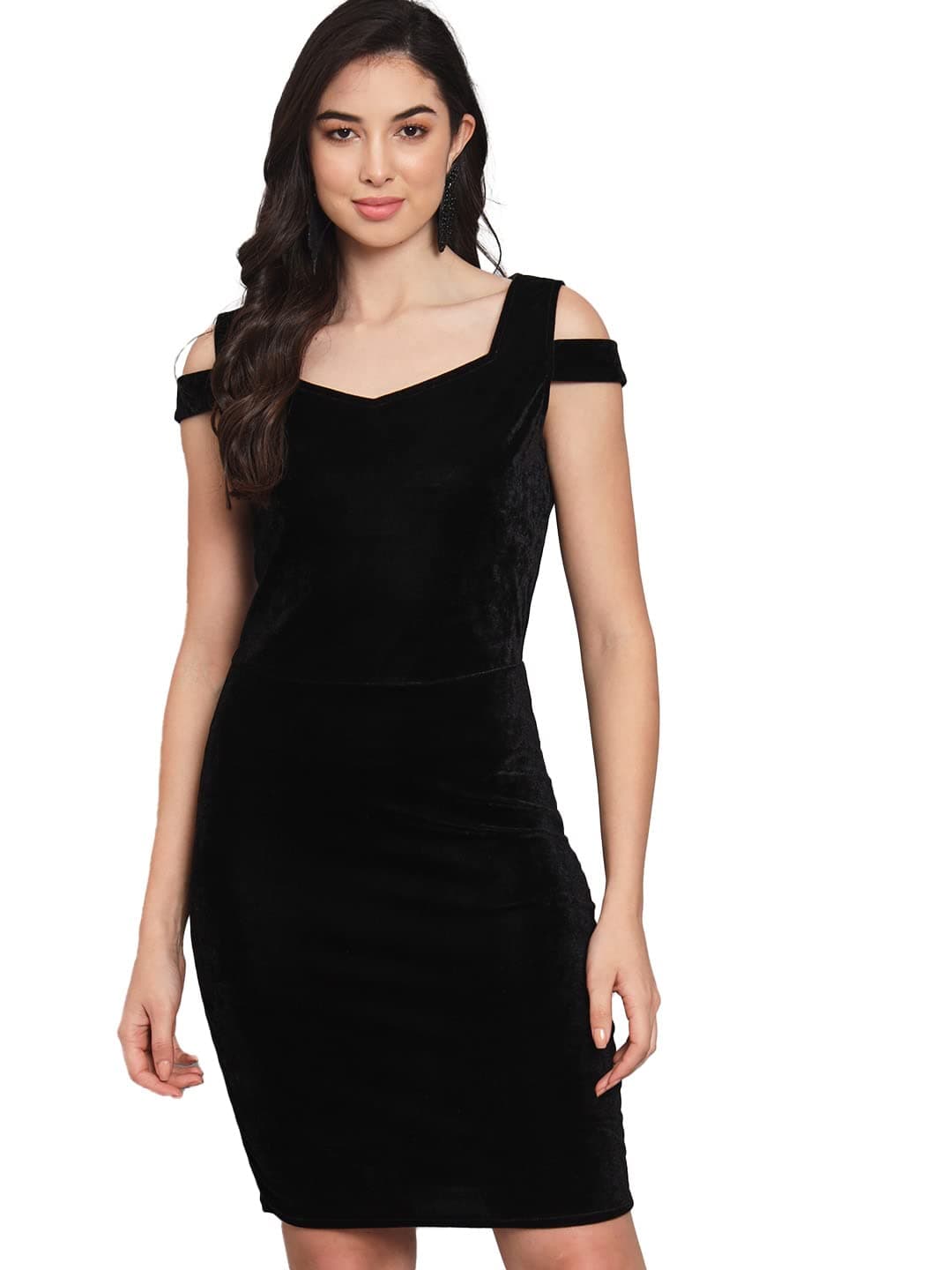 Vaararo Party Dress for Women | Cold Shoulder Bodycon Velvet Fabric Stylish Casual Wear Tops Black X-Small