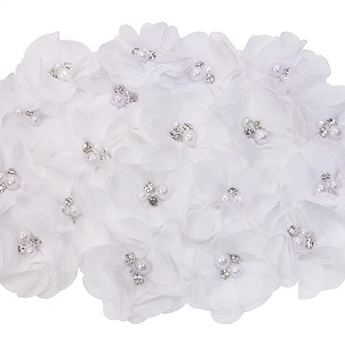 PENTA ANGEL Chiffon Flower 20Pcs Fabric 2 Flower Embellishments with Rhinestone Pearl for Women DIY Craft Dresses Wedding Bridal Bouquets Gift Wrapping Hair Accessories White