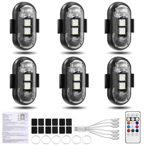 6PCS Wireless LED Lights for Car with Remote Control Halloween Wireless LED Strobe Lights 8 Colors USB Charing IP65 Waterproof AntiCollision Warning Light for Car Interior Truck Drone Aircraft Bike