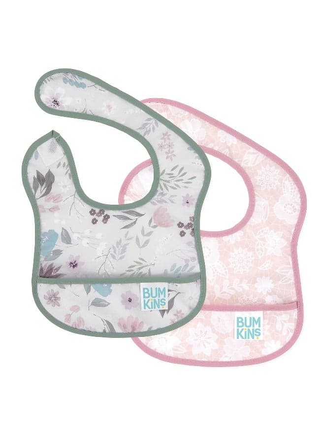 Bumkins Bibs, for Baby Girl or Boy, Infant 3-9 Months, Essential Must Have for Eating, Feeding, Baby Led Weaning, Mess Saving Waterproof Soft Fabric, Starter Bib 2-pk Floral and Lace Gray and Pink