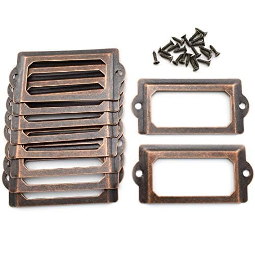 Antique Metal Name Card Frame, OZXNO 10-Pack Vintage Red Bronze Label Holder Tag Slots for Drawer File Cabinet Shelves (70 x 33 mm / 2.8 x 1.3 inch)