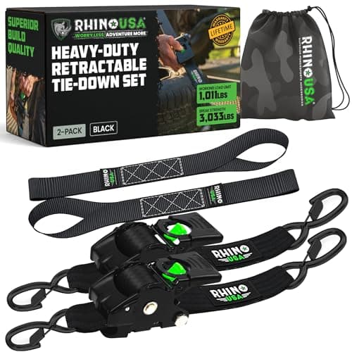 Rhino USA Retractable Ratchet Straps (2-Pack) - 2 Inch x 10 Feet (3,033lb Break Strength) - Heavy Duty Auto Self Retracting Tie Down Straps for Truck, Cargo Trailer, Motorcycle, Rad & More - Black