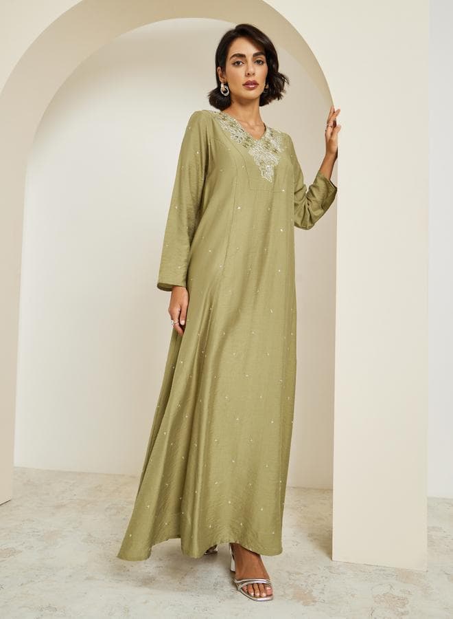Women Green Embroidered A-Line Kaftan