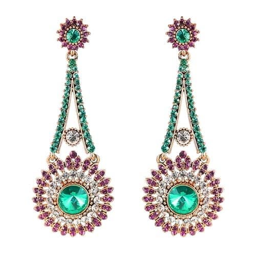 Touchstone Indian bollywood majestic touch blue purple rhinestones victorian theme wedding or evening long bridal chandelier designer jewelry earrings in antique gold tone for women.