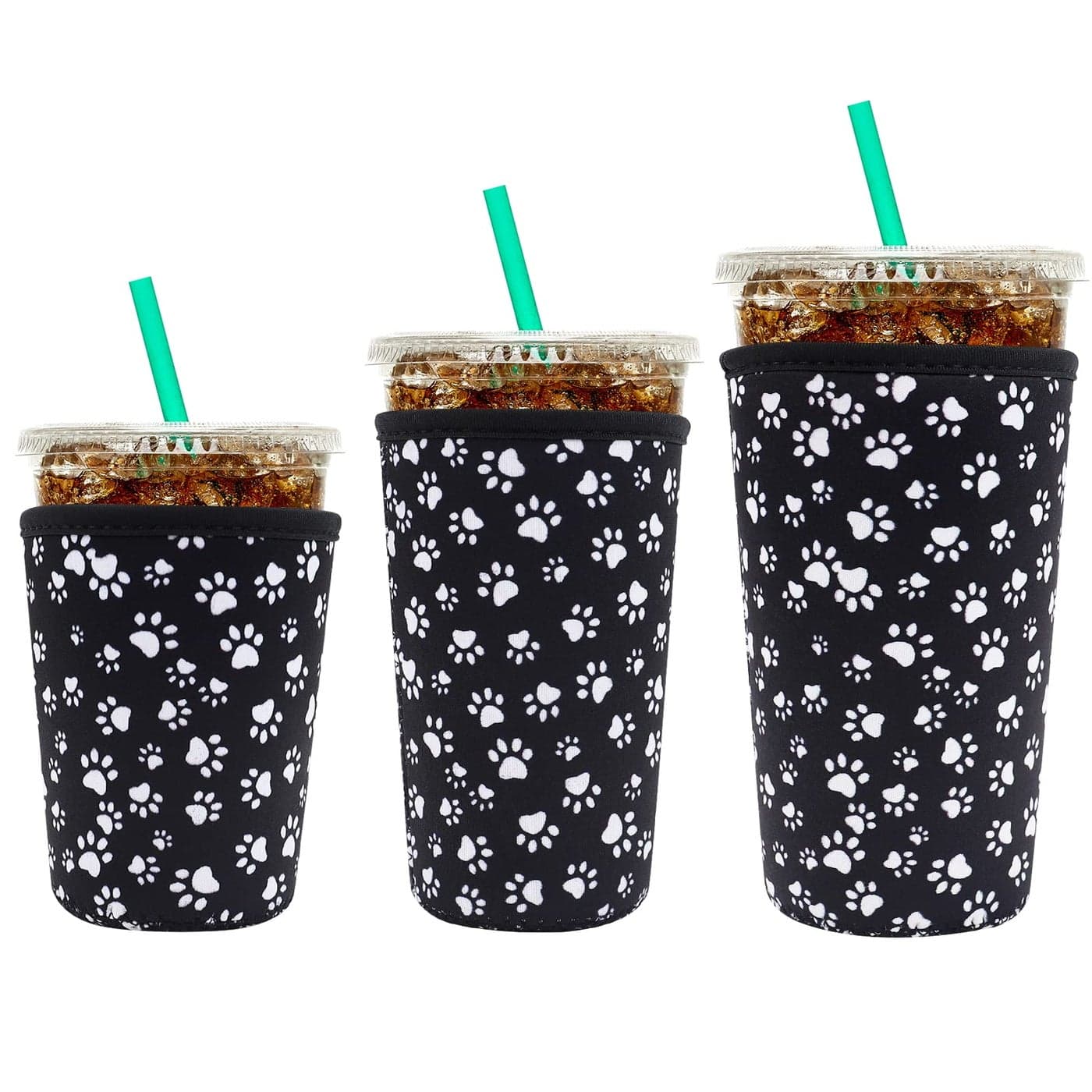 YR Reusable Neoprene Insulator Sleeve for Iced Coffee Cups 3 Pack Coffee Coolies sleeves for Iced Hot Drinks Cold Beverage Cooler Compatible with Starbucks Coffee and More Paw