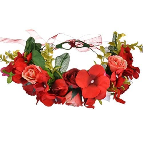 Vivivalue Rose Flower Crown Boho Flower Headband Hair Wreath Floral Headpiece Halo with Ribbon Wedding Party Festival Photos Red