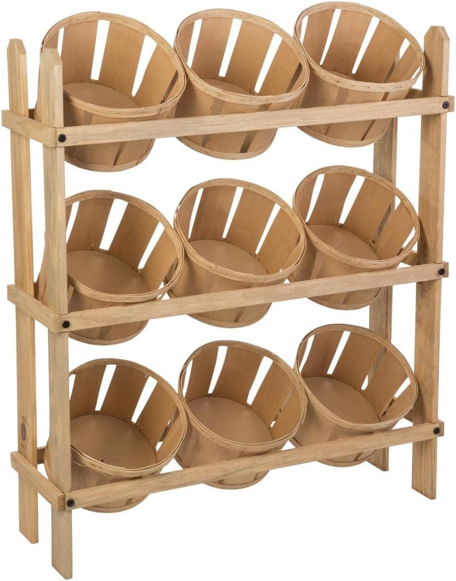 Displays2go Tiered Wooden Display Floor Standing 9 Baskets Oak PN9BKTOAK