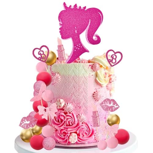 MEMOVAN Hot Pink Girl Cake Topper 31PCS Princess Makeup Cake Topper Decoration with Pink Gold Ball Glitter High Heel Lipstick Lips Bow Tie for Bachelorette Boho Girl Hot Pink Princess Theme Party