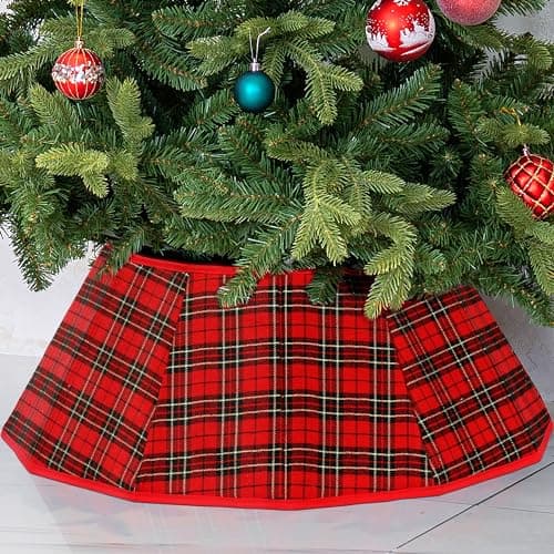 Blissun Fabric Christmas Tree Collar Skirt Willow Tree Ring for Christmas Decorations Red Black Plaid
