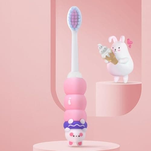 StarAndDaisy Baby Manual Toothbrush 1 Year + Kids With Soft And Fluffy 10000 Gentle Bristles, 80 Micron Split-Beam Bristle, Non-Slip Comfortable Dinosaur Handle (Teddy-Pink),1 Count
