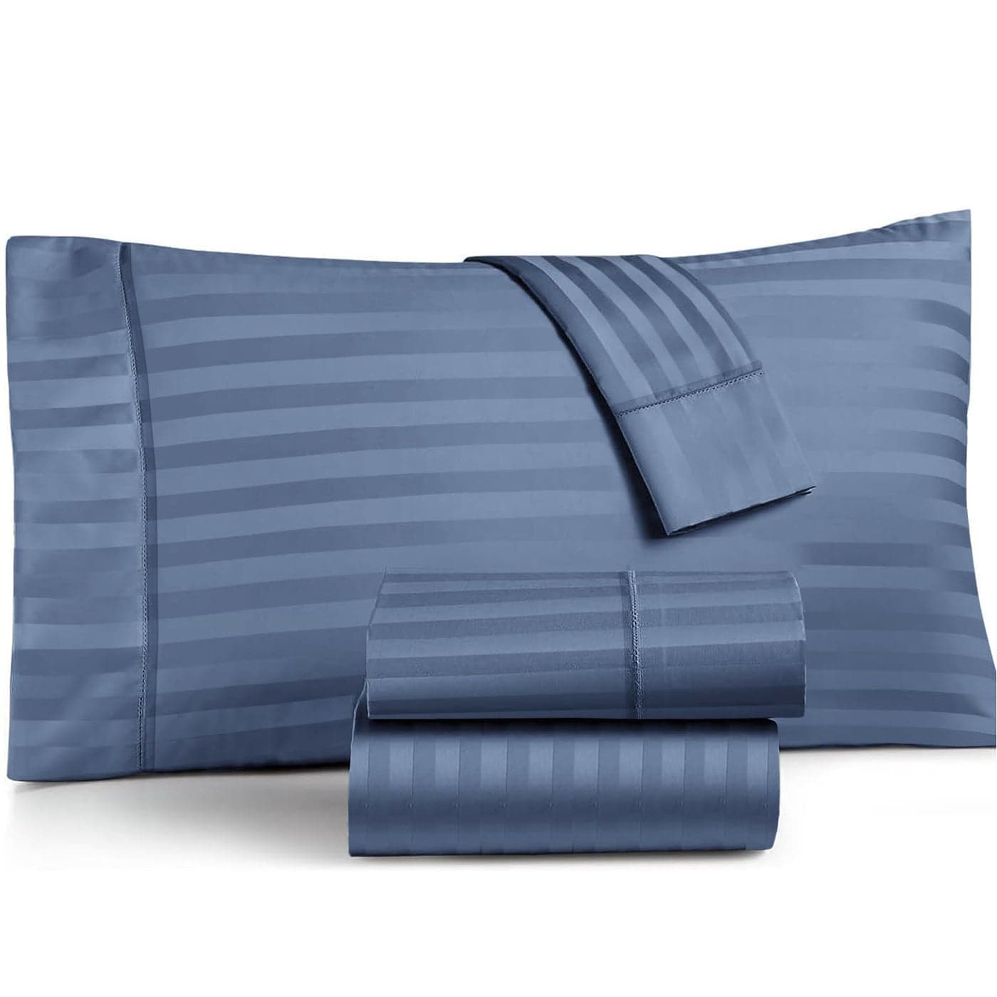 TEXAS LINEN CO Luxury Egyptian Cotton Queen Stripe Sheet Set 600 Thread Count Extra Long Staple 4 PC Set Queen Blue Damask Sheets Soft Cooling Sateen Weave Sheets Upto 18 in Deep Pocket