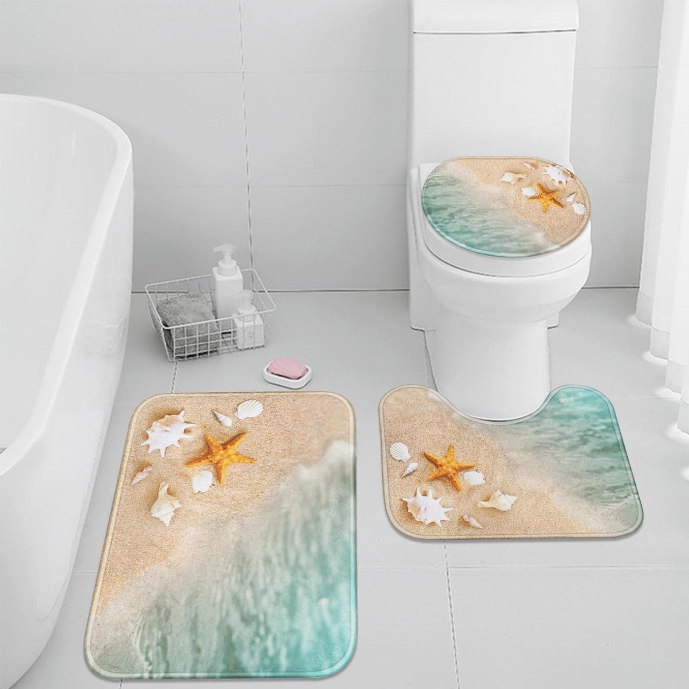 Britimes Bathroom Rug Set of 3 3 Pieces Bath Mats Set Beach Starfish No Silp Washable Cover Floor Rug Decorations for Kitchen Bathroom Bedroom