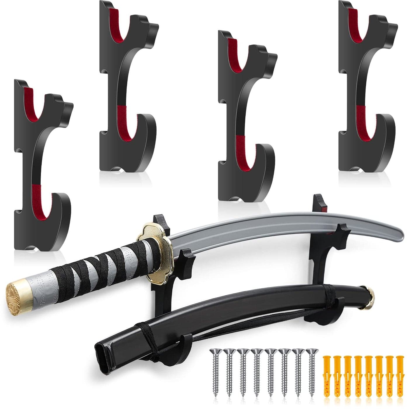 4 Sets Wooden Sword Hook Wall Mount Hanger Adjustable Samurai Katana Wall Mount Sword Holder Stand Decorative Katana Holder Martial Arts Weapon Display Storage Stands Supplies with Nails