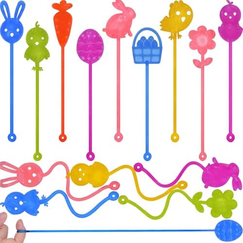 Howzcci 36 Pack Easter Sticky Hands Toys Easter Egg Bunny Chick Carrot Flower Basket Sticky Stretchy Toys for Kids Girls Boys Easter Basket Stuffers Easter Party Favors Gifts