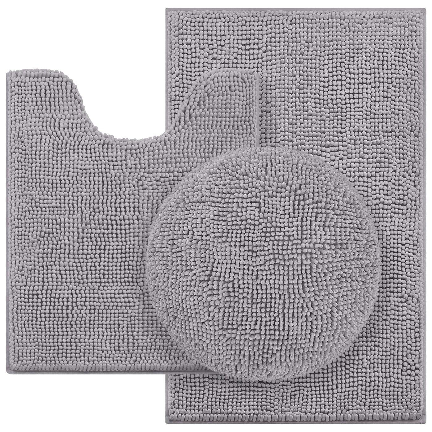 HOMEIDEAS Grey Bathroom Rugs Sets 3 Piece Chenille Bath Rugs Soft Absorbent Non Slip Washable Bath Mats with Toilet Lid Cover Perfect for Bathroom