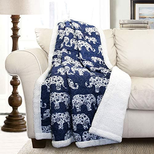 Lush Decor Navy Elephant Parade Throw Fuzzy Reversible Sherpa Blanket 60” x 50 White