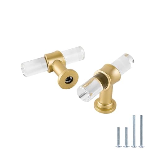 LONTAN 12 Pack Acrylic Kitchen Cabinet Knobs Gold Drawer Knobs Modern T Bar Clear Cabinet Door Handles White Kitchen Hardware for Dresser Bathroom,Zinc Alloy Base