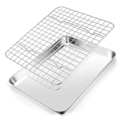 Crega 9 Inch Stainless Steel Baking Sheet Pan with Cooling Rack Set Cookie Tray for Oven Use Heavy Duty Non Toxic Roasting Pan for Cooking Baking Grilling Dishwasher Safe