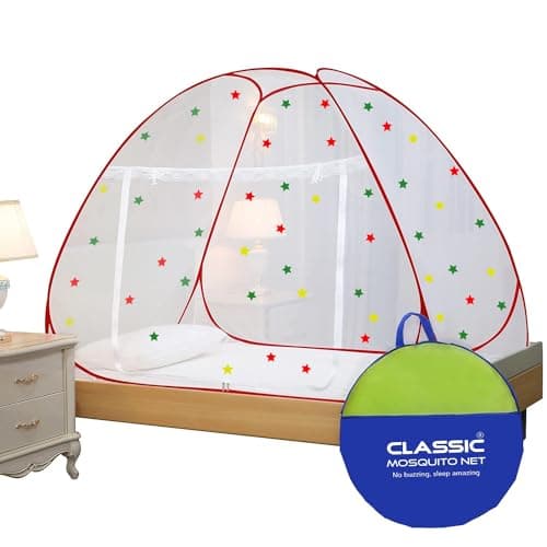 Classic Mosquito Net for Single Bed Foldable Machardani Polyester Strong 30GSM mesh, PVC Coated Steel Wire (Red+30STARS)