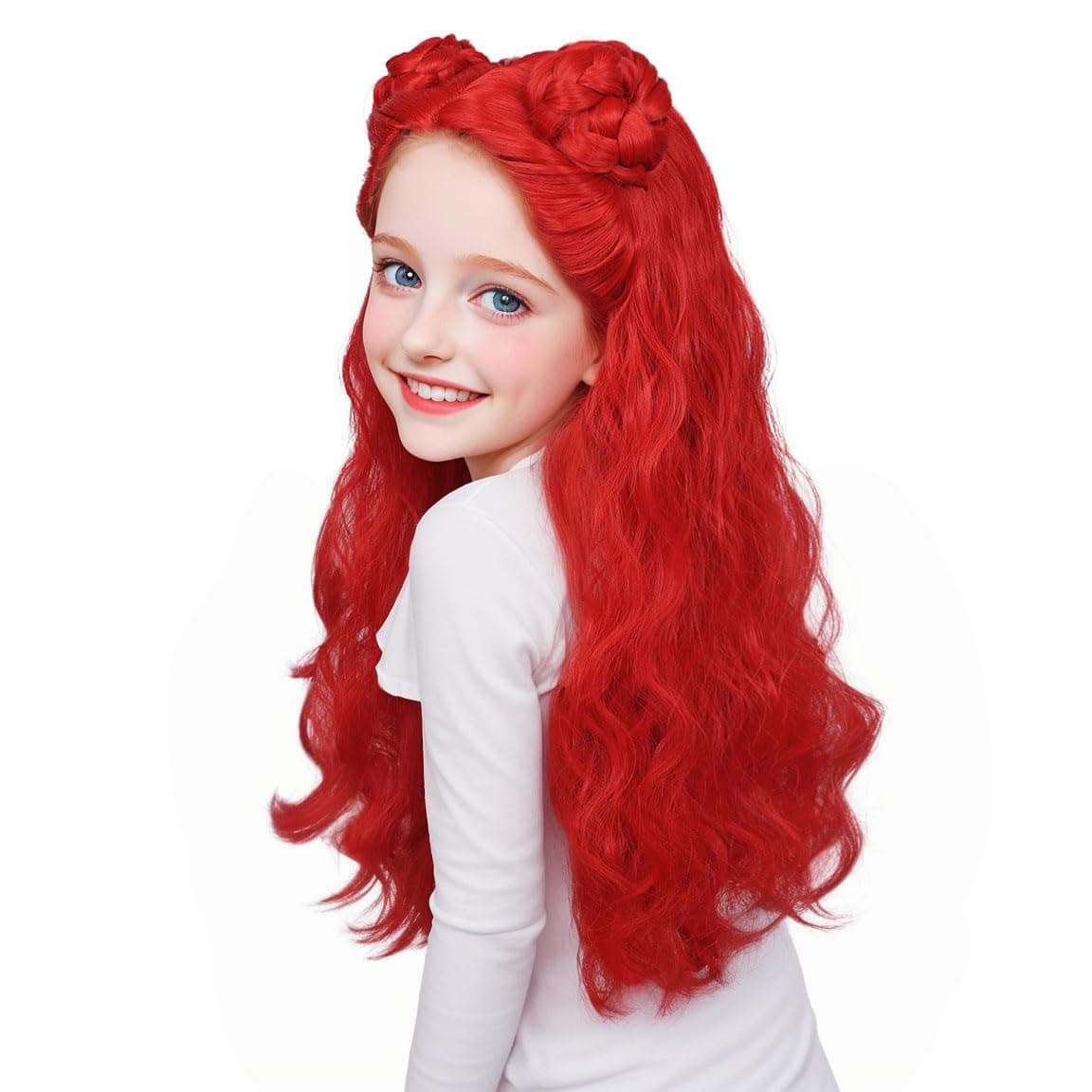 FantaLook Long Curly Red Cosplay Wig with 2 Buns for Halloween CostumeSmall Size