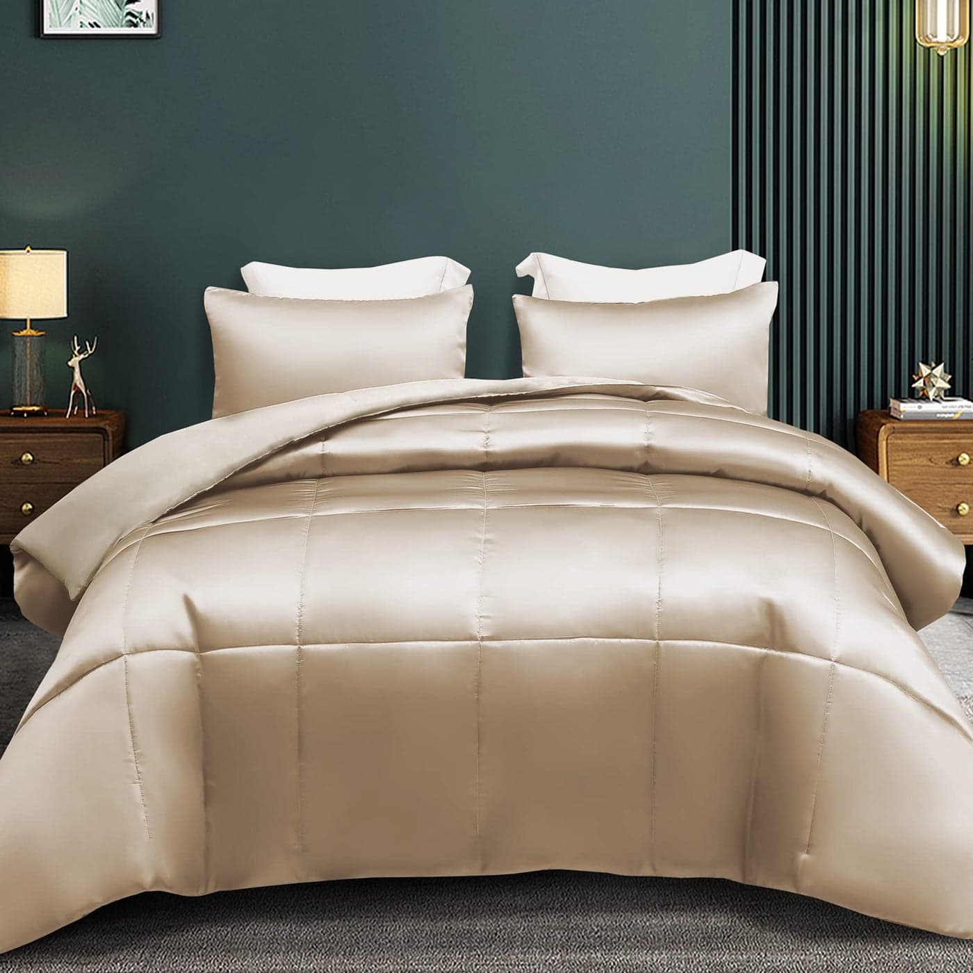 Whale Flotilla 3Piece Reversible Silky Soft Queen Comforter Bedding Set Luxurious Satin Comforters Full Size with 2 Satin Pillowcases Lightweight Duvet for All Seasons Champagne
