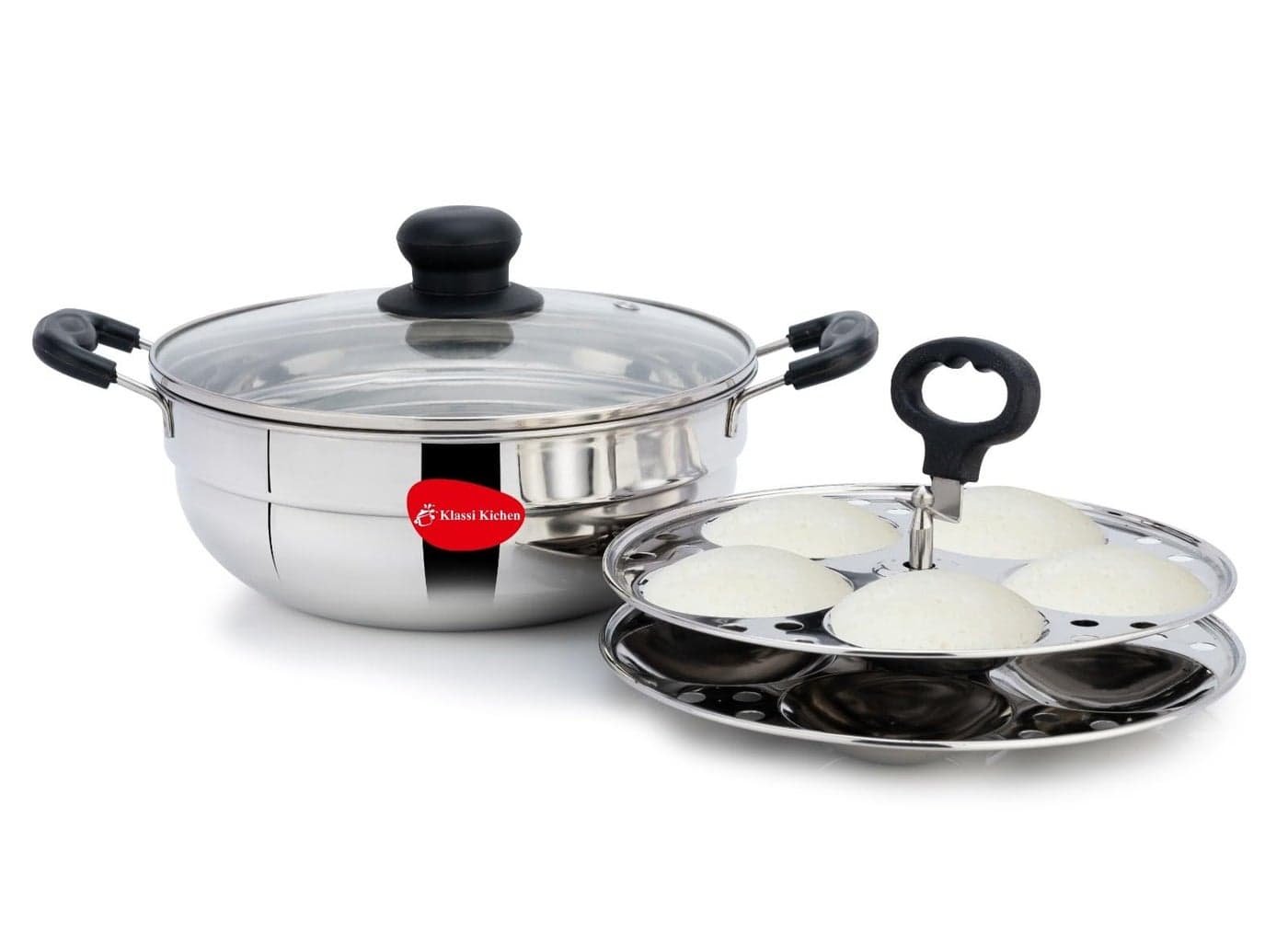 Klassi Kichen Stainless Steel Multi Kadai WIth Glass Lid Induction & Standard Idli Maker (2 Plates,10 Idlis)