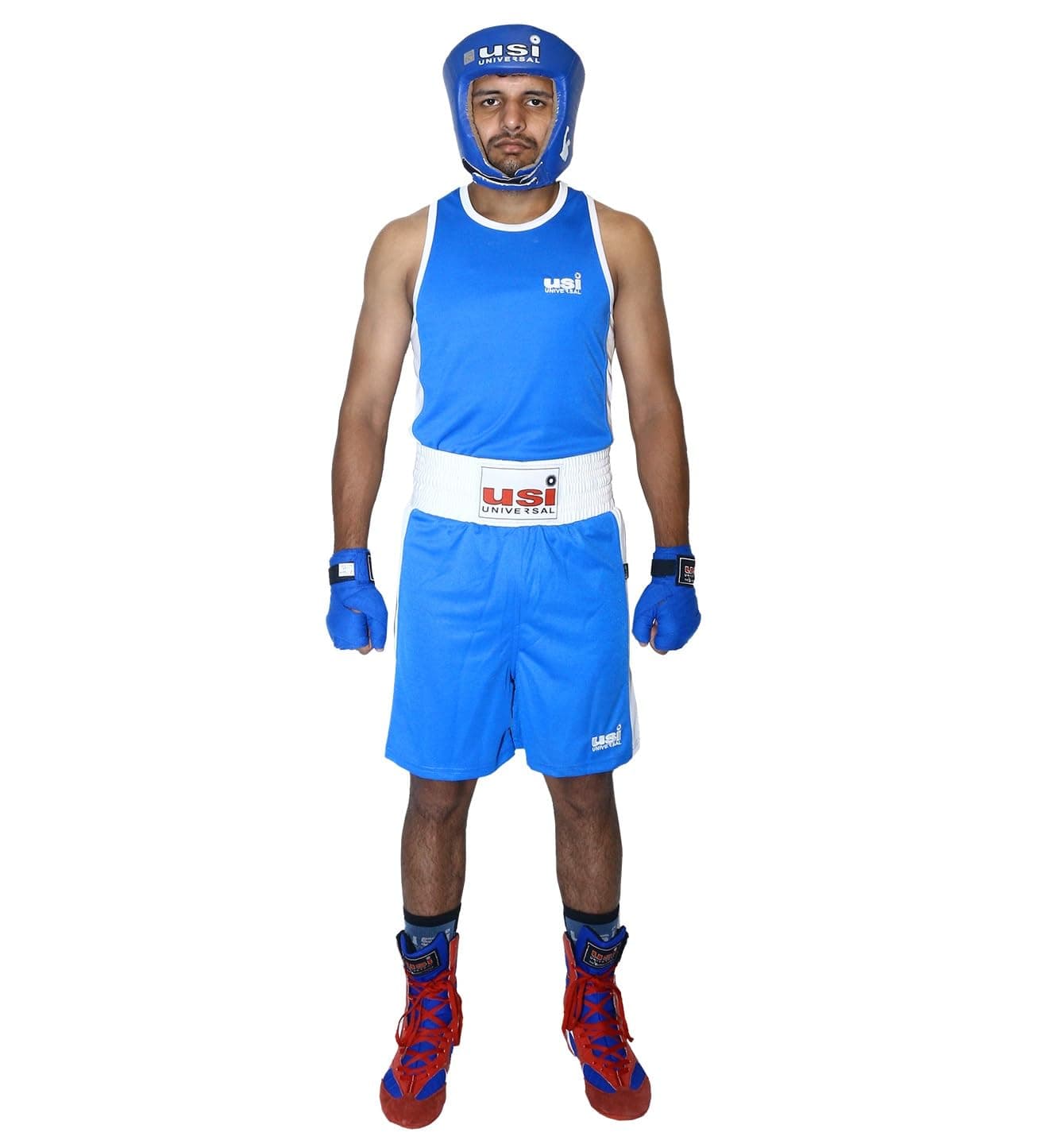 USI UNIVERSAL THE UNBEATABLE Polyester and Mesh Fabric Boxing Short and Vest (Blue, 44)