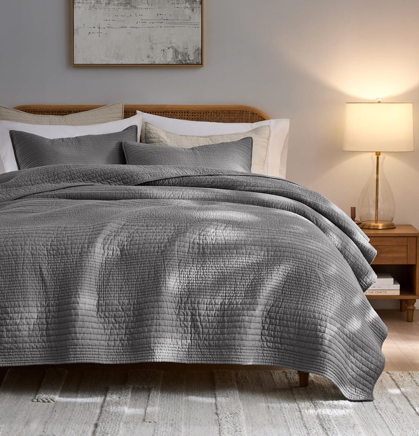 palassio Striped Dark Grey 100% Cotton Quilt King Size Bedding Sets, Lightweight Crinkly Channel Pick Stitch Textured Bedspread Soft Shabby Chic Farmhouse Country Coverlet for All Season, 2 Shams