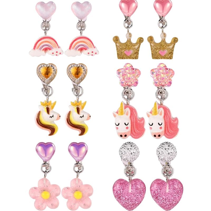 MAYCREATE® 6Pairs Earinging for Girls Stylish Clip On Earrings for Non Pierced Ears, Cartoon Cute Resin Unicorn Flower Heart Non Pierced Earrings for Kids Pretend Play Party Favor Dressing Up Jewelry