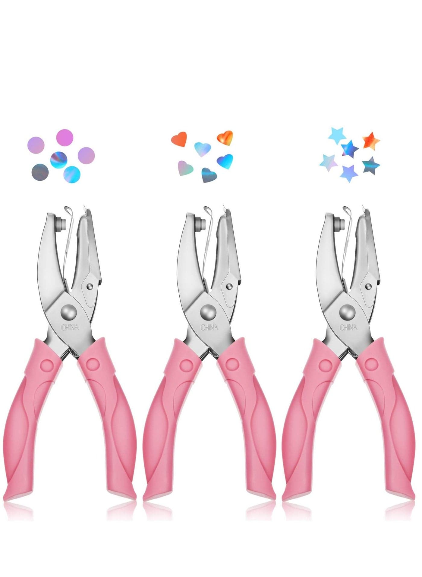 3 Pieces Handheld Hole Paper Metal Single Punchers Soft Grip and 5.5 mm + Star 5 Large Round 6 Heart Holes for Craft Tags Clothing Ticket Scrapbook Tool