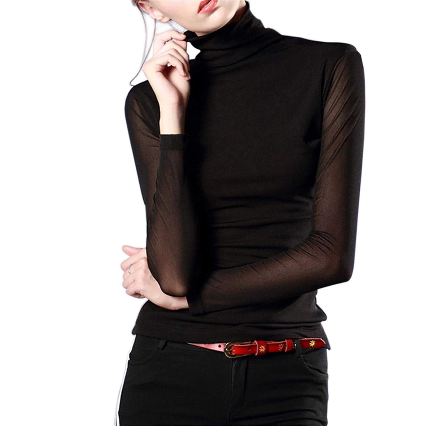 Anbenser Women's Turtleneck Top Long Sleeve Slim Fit Shirts Mesh Sheer See Through Casual Blouse (Black,Medium)