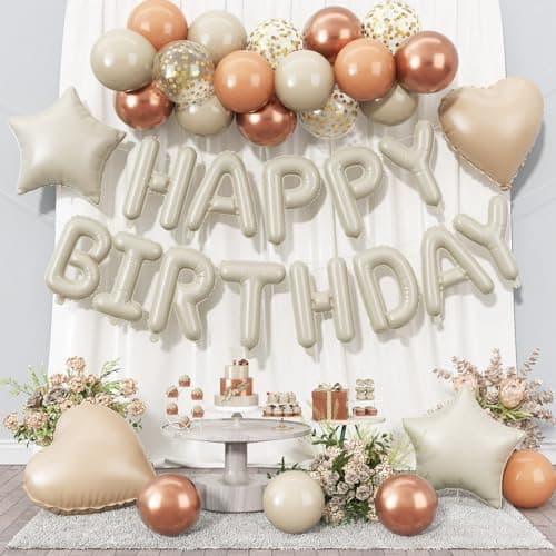 JINMUYU 37 Pcs Creamy Happy Birthday Balloon Banner Neutral Beige Happy Birthday Foil Balloon Apricot Sand White Champagne Balloons18 in Foil Balloons for Women Men Boys Girls Party Decorations