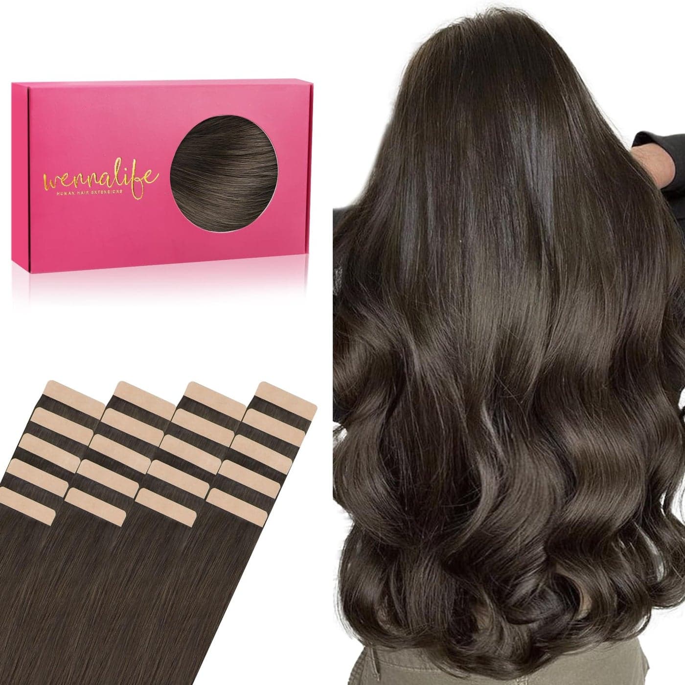 WENNALIFE Tape in Hair Extensions Human Hair 20pcs 50g 18 inch Cool Dark Brown Remy Hair Extensions Straight Human Hair Tape in Extensions Skin Weft Tape Extensions