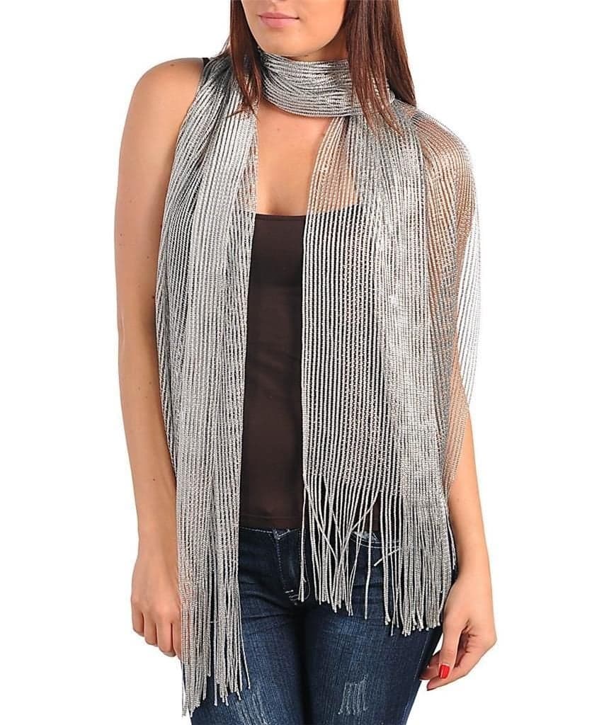 Silver Metallic Evening Shawl Wrap with Fringe Sheer Glitter Sparkle Shawl Wrap Fringe Prom Weddings Evening Scarfs for Women