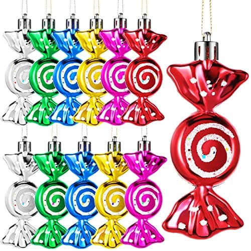 Threan 12 Pcs Christmas Candy Ornaments for Tree Decoration Hanging Glitter Candy Cane Christmas Peppermint Ornament with Golden Rope for Xmas Holiday Decoration(Mix Colors,Plastic)
