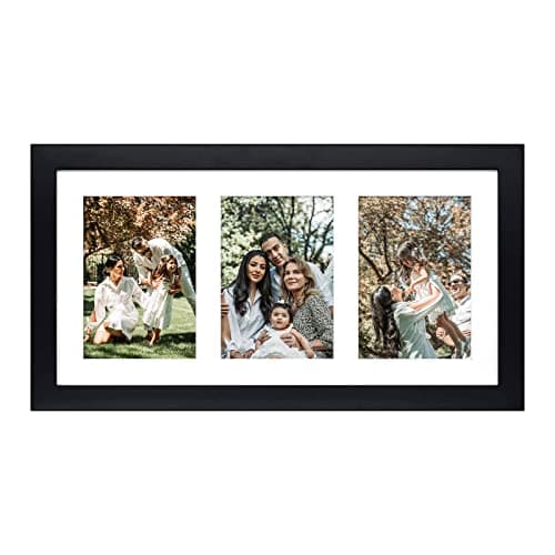 Golden State Art, 9x18 Black Wood Frame - White Mat for Three 5x7 Pictures - Sawtooth Hangers- Swivel Tabs - Wall Mounting - Landscape/Portrait - Real Glass - Collage Frame