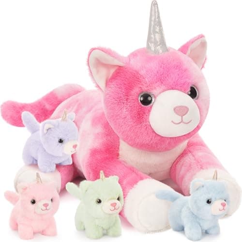 MorisMos Unicorn Cat Stuffed Animal With Kitten Babies 24 Caticorns Rainbow Unicorn Cat Toys for Girl Boy Kids Mommy Plush Cat With Baby Kitten Stuffed Animals Kitty Cat Pillow