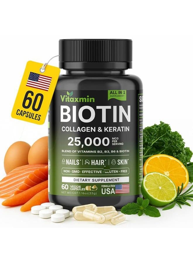 Biotin 10000mcg with Collagen Keratin Hyaluronic Acid - Hair Growth Vitamins for Women & Men - Hair Skin and Nails Vitamins with B Complex - 60 Capsules